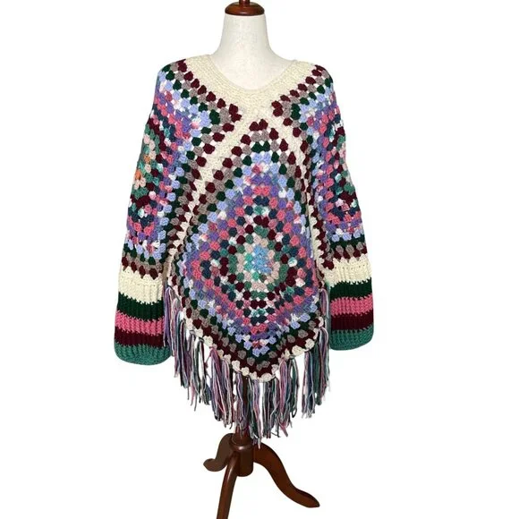 Crochet Poncho with Sleeves Granny Square Design Pattern Colorful Handmade New